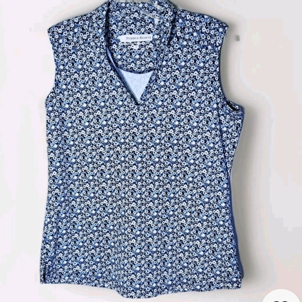 Pebble Beach Navy and White Floral Sleeveless V-Neck Tank Top
